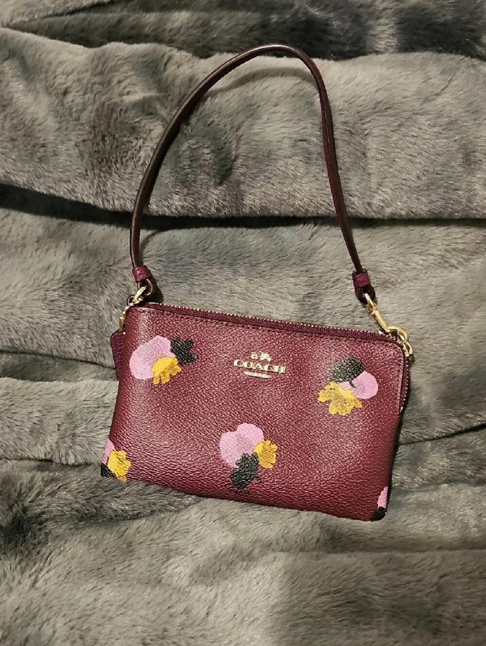 Coach Maroon Floral Wristlet with Pink & Yellow Accents